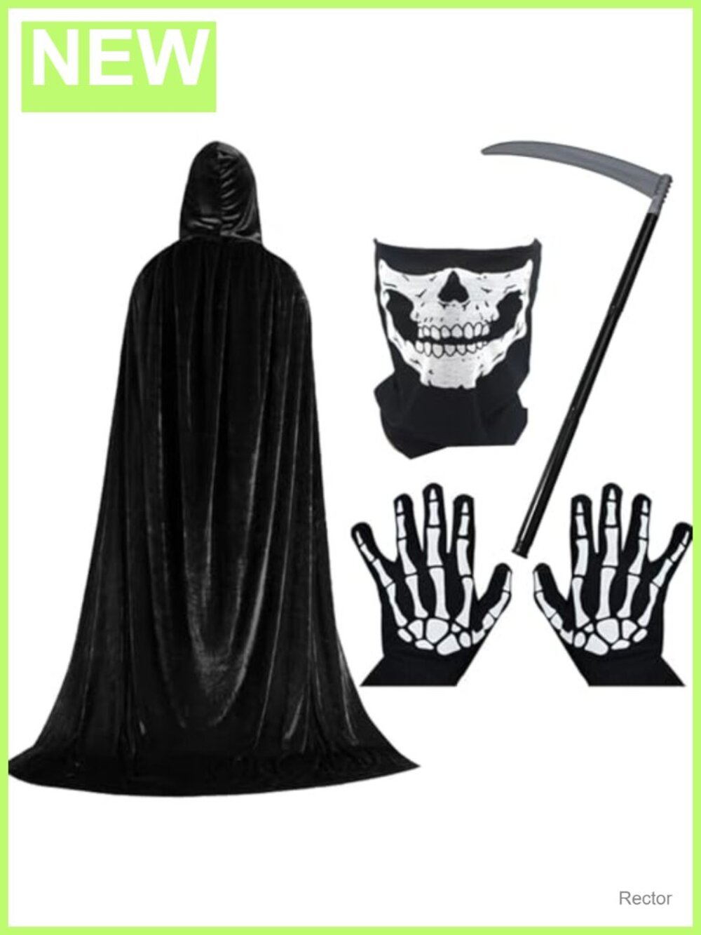 Halloween Hooded Cloak Grim Reaper Costume Skull Mask Sickle Gloves Set